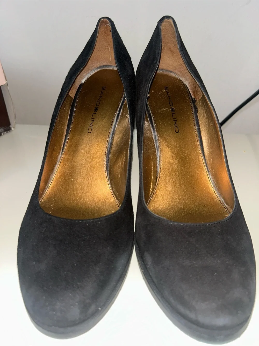 Bandolino Black Suede Wedge Pumps with Gold Interior size 8